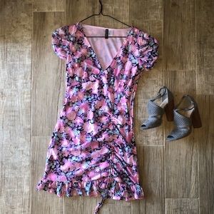 Plunging pink flowery mini dress
